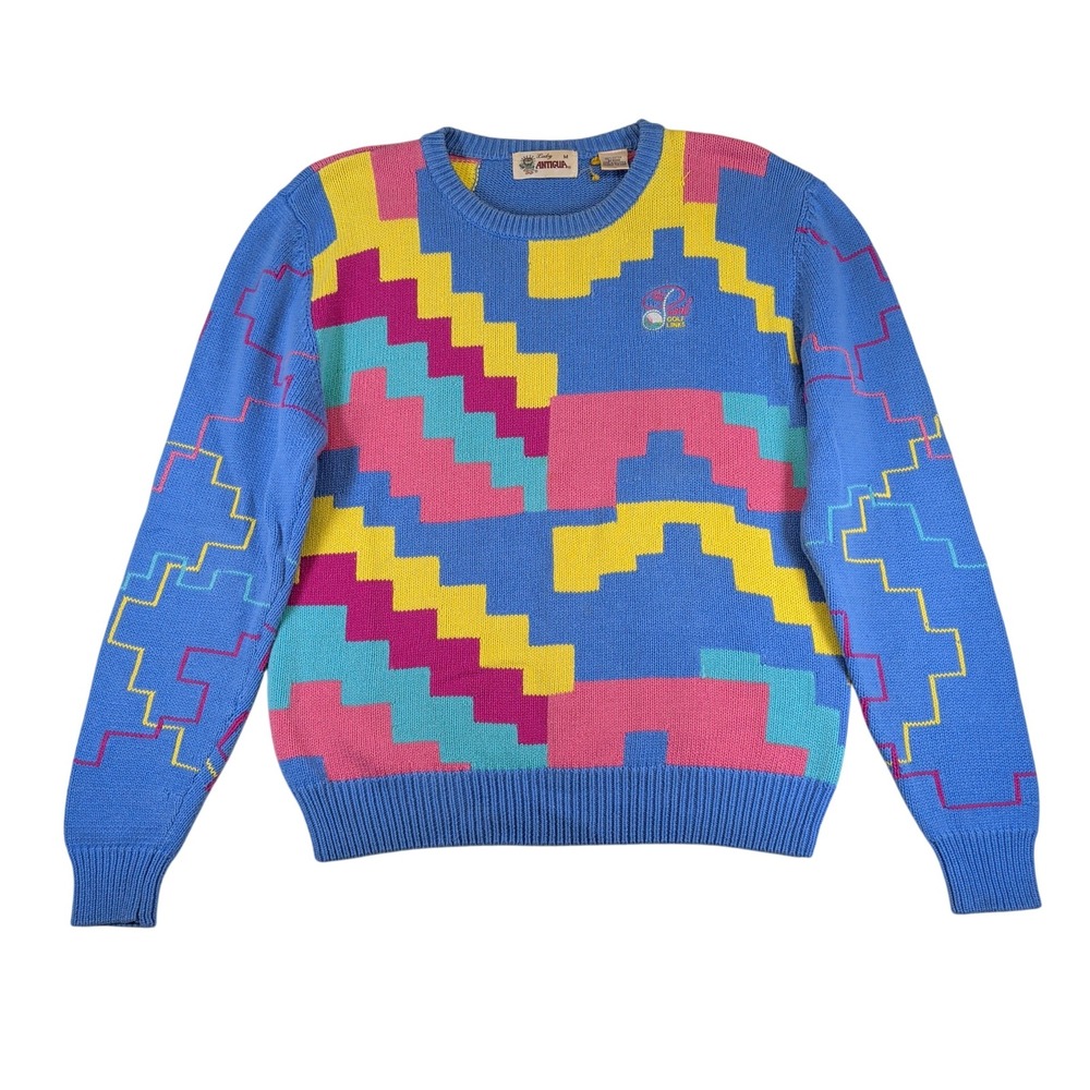Vintage Lady Antigua Golf Links Sweater Medium Blue Geometric 90s Cotton Retro